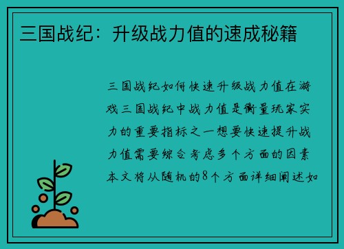 三国战纪：升级战力值的速成秘籍